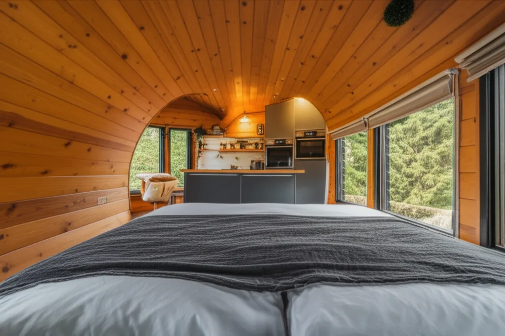 Inside a barrel cabin showing the curved wood-paneled ceiling, king bed, and cozy furnishings