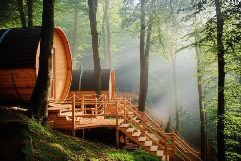 A row of barrel cabins nestled among the trees at Unicoi State Park