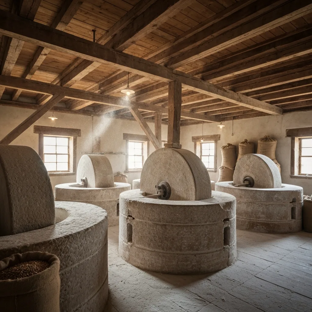 Inside Nora Mill showing the French Burr grinding stones and wooden beams