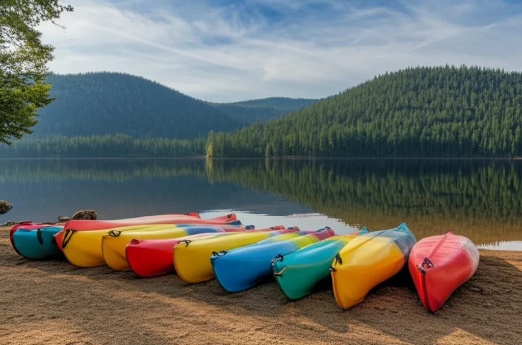 Kayakers gliding across Unicoi Lake with mountain reflections