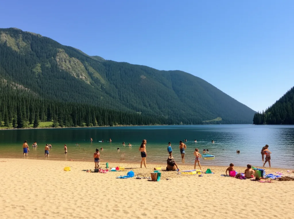 Visitors enjoying the sandy swimming beach at Unicoi Lake