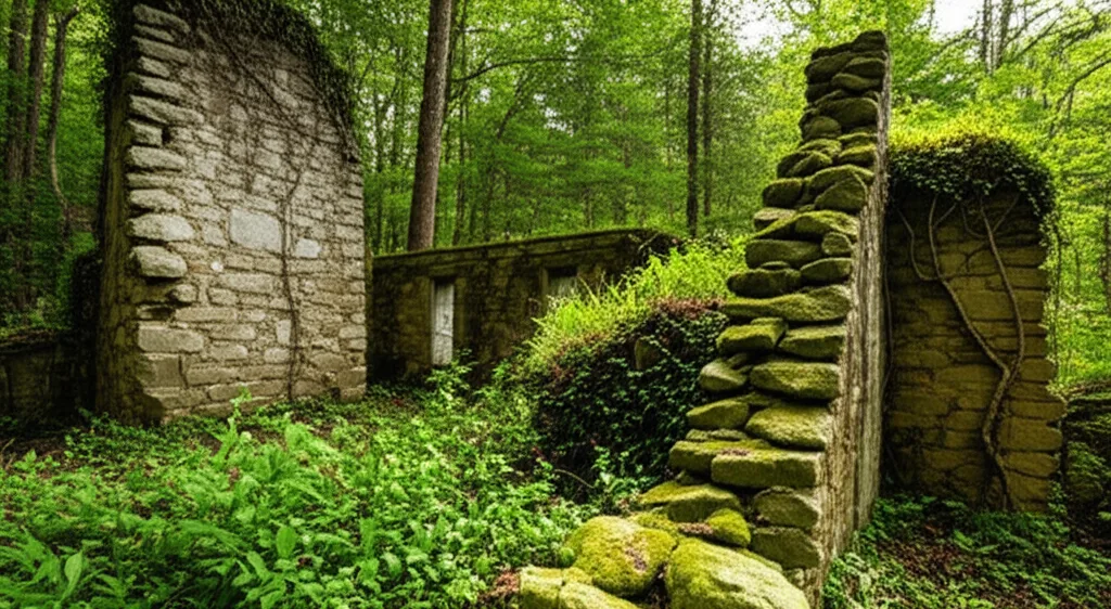Ruins of old structures at the ghost town of Auraria, Georgia