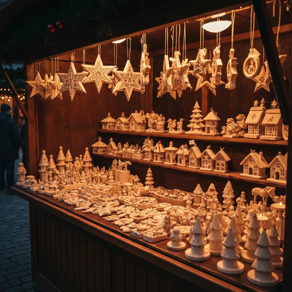 Handmade ornaments and artisan crafts displayed at Christkindlmarkt stalls