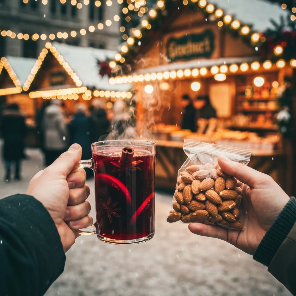 Holiday food stall serving Gluehwein and seasonal treats at the Christmas market
