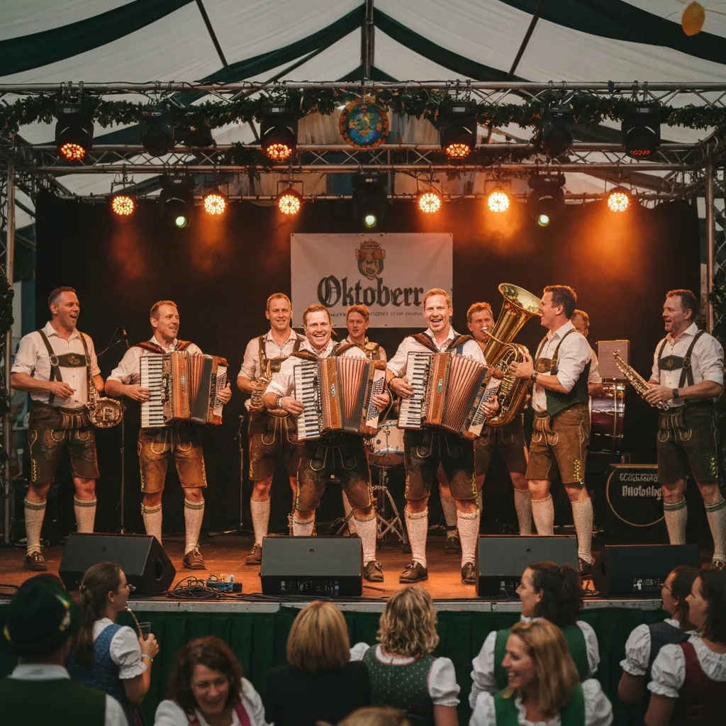 Traditional German oompah band performing on stage at Helen Oktoberfest