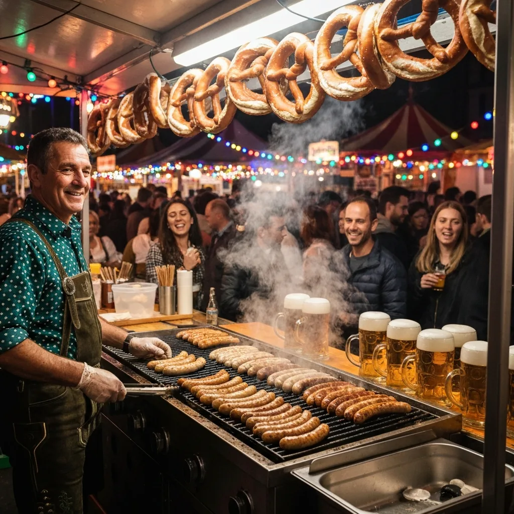 Food stall serving bratwurst, pretzels, and German fare at Oktoberfest