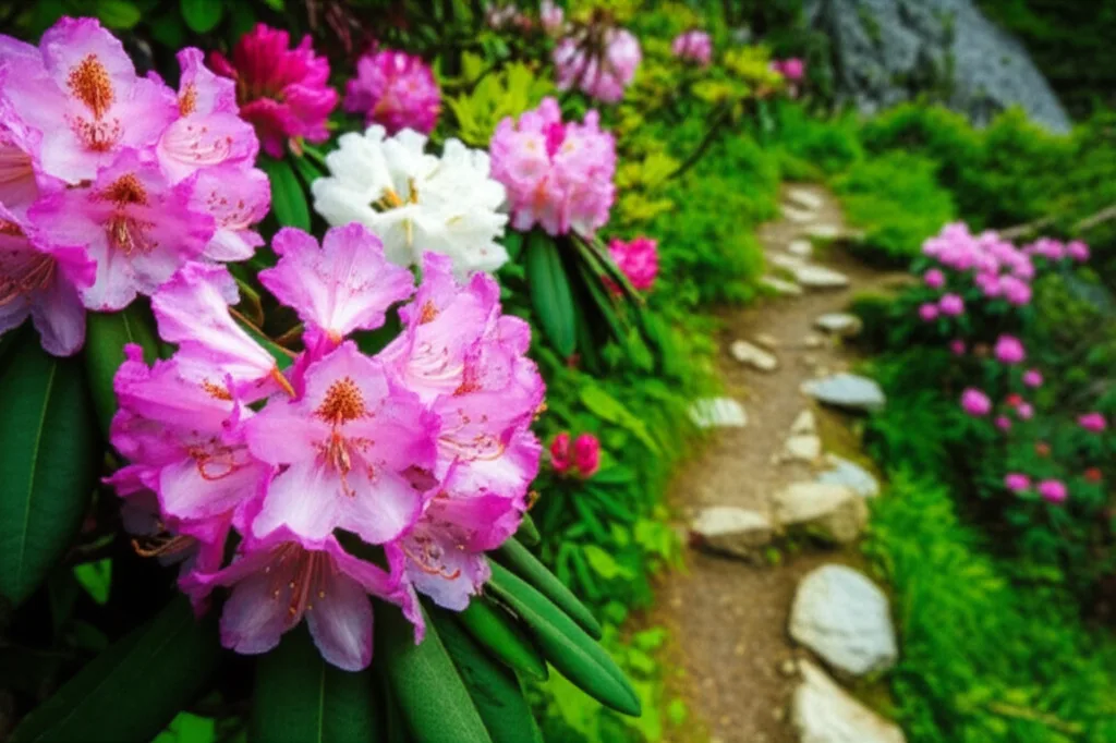 Native rhododendron blooming along Dukes Creek