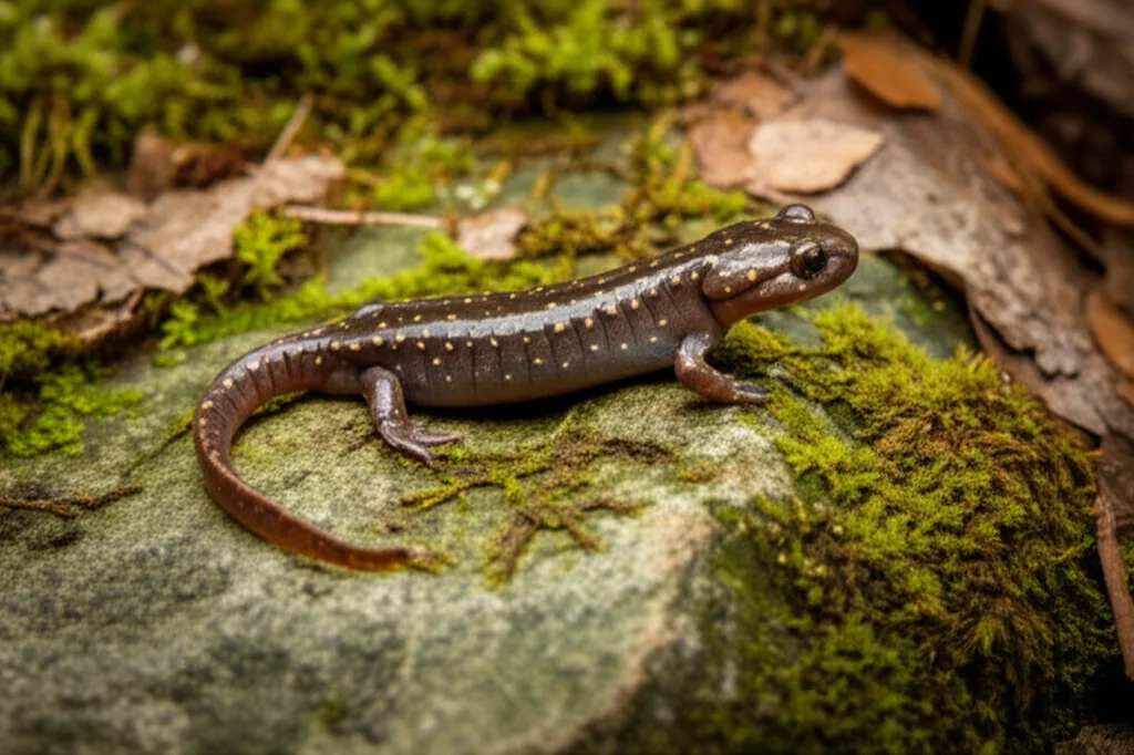 A colorful salamander on a mossy rock in a mountain stream