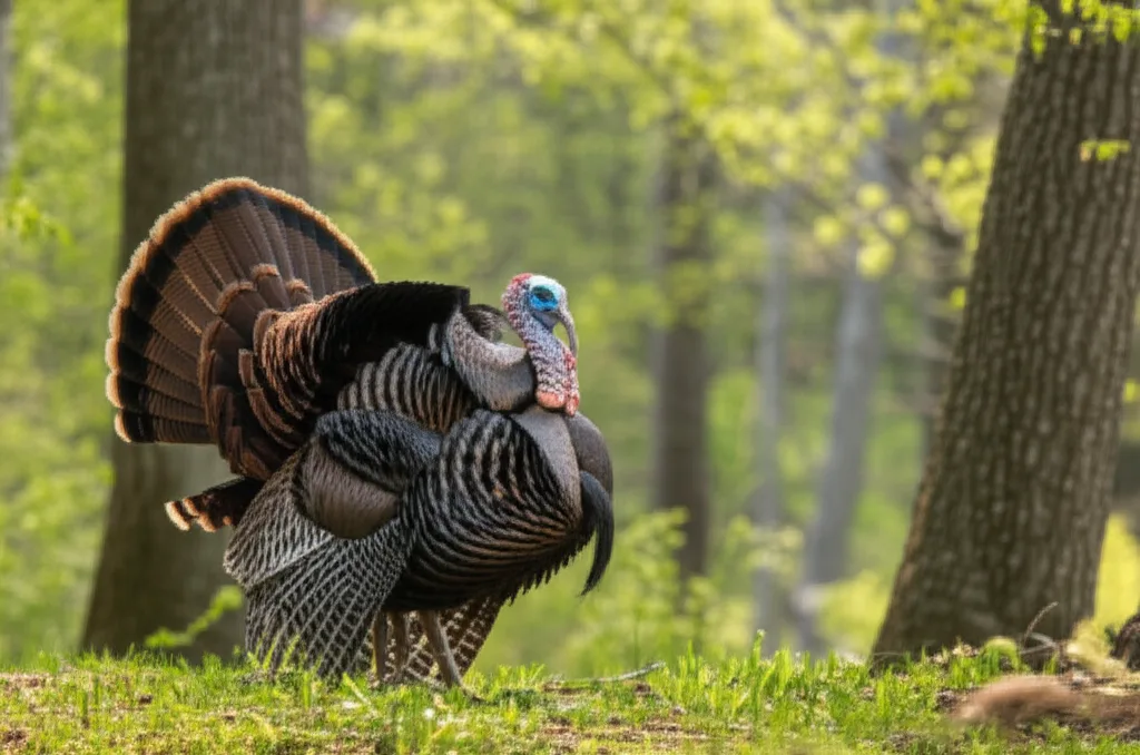 Wild turkey foraging in a forest clearing near Helen
