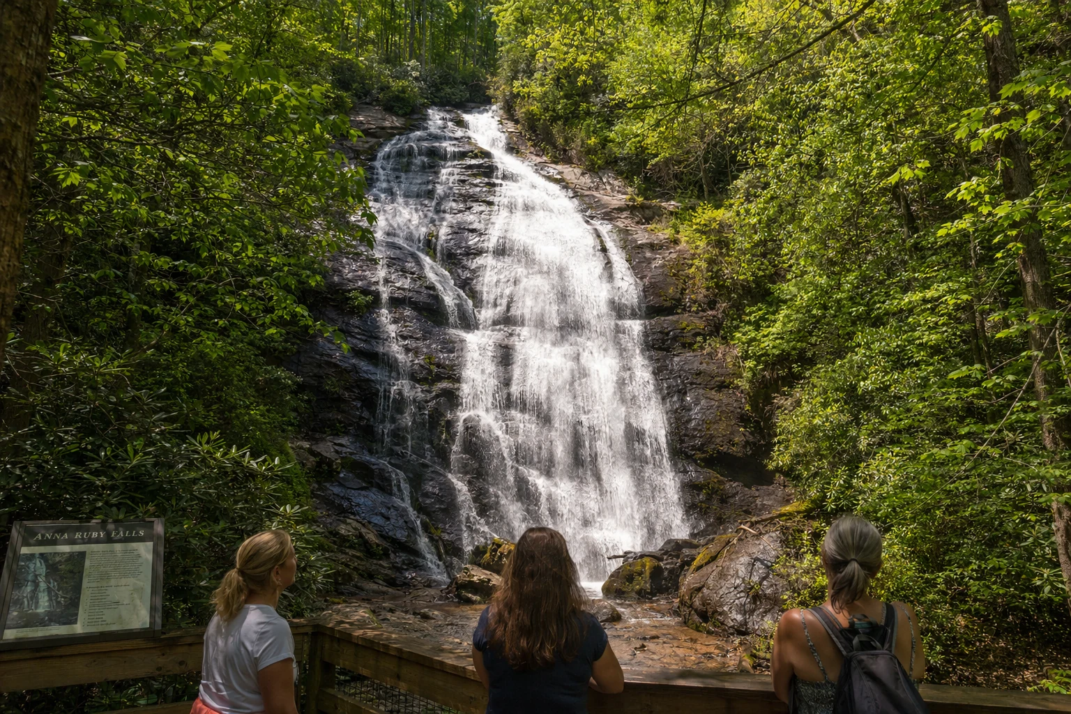 Anna Ruby Falls in Helen, Georgia cascades down a rocky cliff face surrounded by dense Chattahoochee National Forest hardwoods. The twin streams of Curtis Creek and York Creek merge at the top of the 153-foot drop, creating two distinct waterfalls that flow side by side before joining at the base. Moss-covered boulders and exposed granite line the pool at the waterfall's base. Green mountain laurel and rhododendron frame the scene. Dappled sunlight filters through the tree canopy above, creating shadows on the wet rock face. A wooden observation deck railing is visible in the lower foreground, showing where visitors stand to view the falls. The forest floor surrounding the area is covered in fallen leaves and ferns typical of north Georgia mountain terrain.
