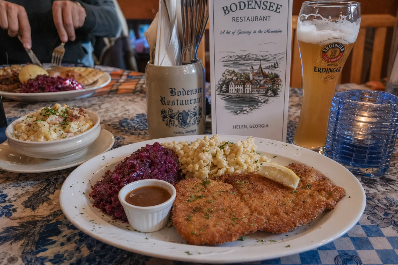 Traditional German cuisine plated at Bodensee restaurant in Helen, Georgia, featuring authentic dishes served on white or decorative plates. The presentation includes classic Bavarian fare such as schnitzel, bratwurst, sauerkraut, German potato salad, or spaetzle, arranged with attention to traditional serving style. The food photography captures the hearty portions and rustic presentation typical of southern German mountain cooking. Visible garnishes and side dishes complement the main entree. The plating reflects the restaurant's commitment to serving genuine Germanic recipes to visitors exploring Helen's alpine themed tourism district in the north Georgia mountains, where authentic European food culture enhances the immersive village experience.