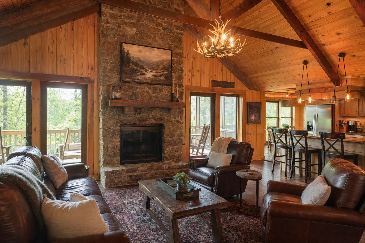 The interior living room of a Helen, Georgia cabin rental features a stone fireplace as the focal point, with exposed wooden beams crossing the vaulted ceiling. Comfortable leather furniture faces the hearth, and large windows allow natural light to illuminate the knotty pine paneling on the walls. A plush area rug covers part of the hardwood floor. The space includes rustic decorative elements like antler chandeliers and mountain themed artwork. The open floor plan connects to a kitchen area visible in the background. This cozy interior provides guests with a warm gathering space after days spent exploring the Chattahoochee National Forest and nearby Helen attractions.