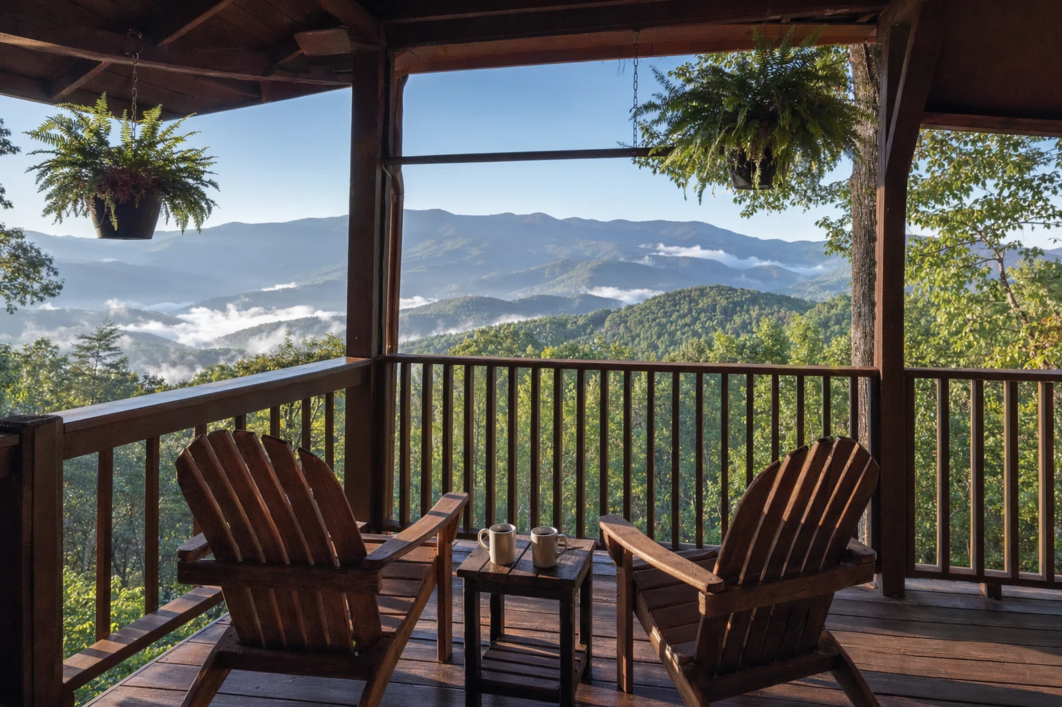 The covered deck of a Helen, Georgia cabin rental overlooks forested mountain ridges stretching into the distance. Two wooden Adirondack chairs and a small side table sit on the stained wood decking. A porch railing frames the view of layered blue ridges characteristic of the Blue Ridge Mountains. Morning mist settles in the valleys between peaks. Potted ferns hang from the porch ceiling. This elevated vantage point provides cabin guests with a private overlook of the North Georgia highlands, offering a peaceful spot for morning coffee or evening relaxation while staying near Helen's Bavarian village and outdoor recreation areas.