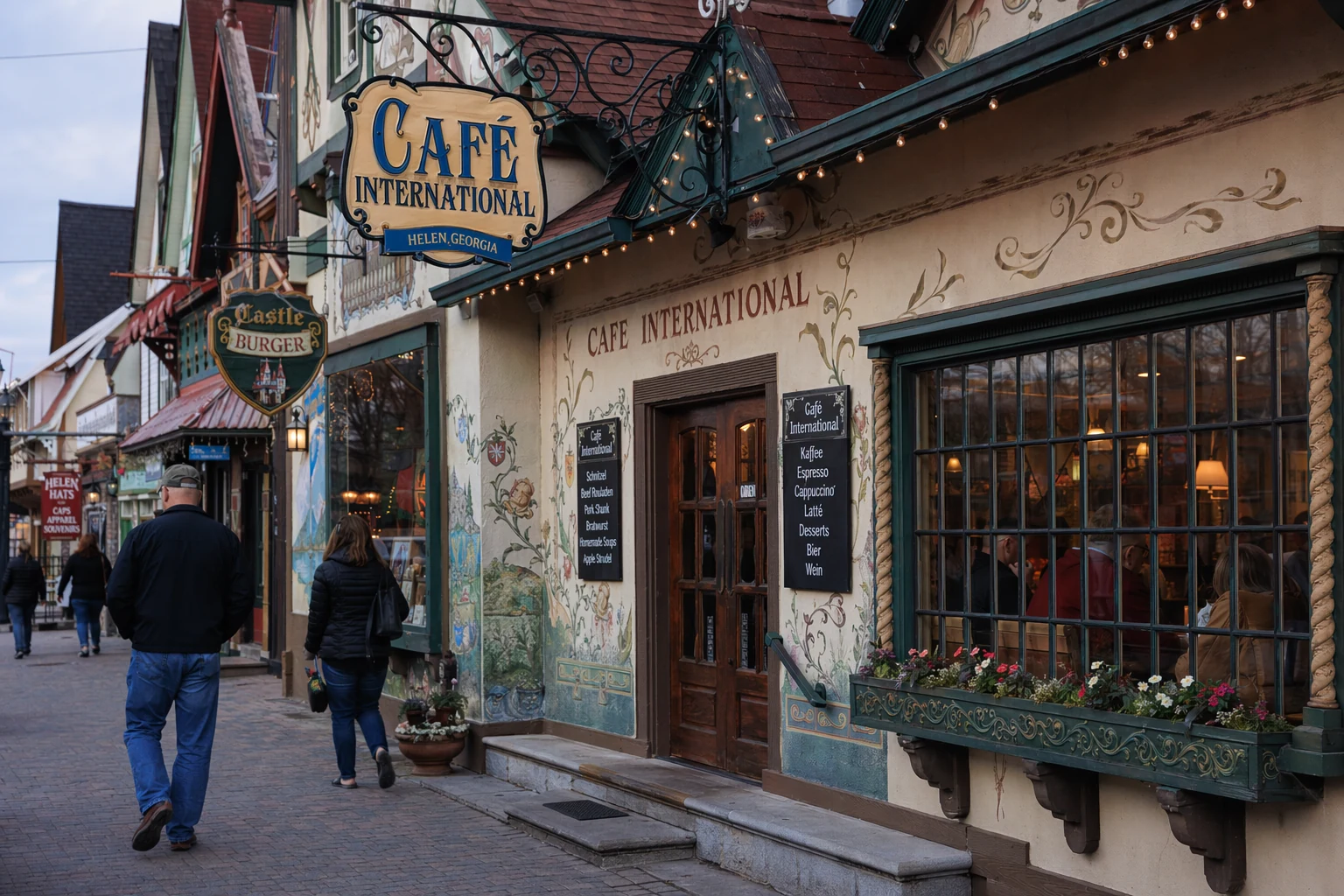 Cafe International storefront in Helen, Georgia displays its distinctive alpine architecture with painted murals and European style signage. The building features traditional Bavarian painted facades with decorative flourishes characteristic of Helen's German themed downtown. Large windows face the street, allowing views into the cafe interior. The exterior blends with surrounding alpine style buildings that line the main tourist corridor. Visitors walking past can see menu boards and entrance doors adorned with continental European motifs. The cafe occupies a prominent location in Helen's recreated alpine village streetscape, where all commercial buildings follow the Bavarian architectural theme established in the 1960s.