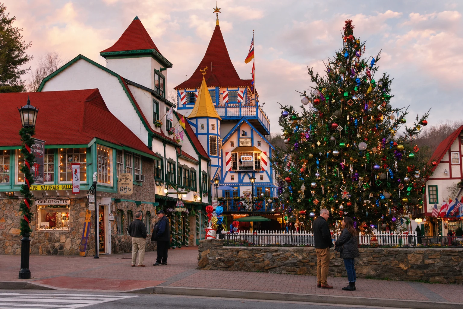 Christkindlmarkt in Helen, Georgia at night with market stalls and lights