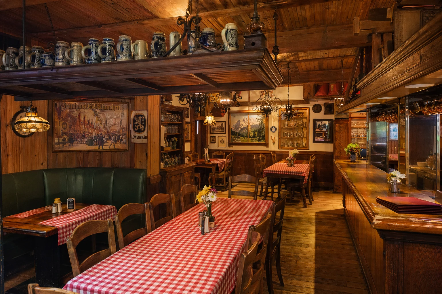 Interior of a German restaurant in Helen, Georgia, featuring wood-paneled walls and long communal tables with red checkered tablecloths. Rows of ceramic beer steins in blue, gray, and cream hang from overhead racks near the bar area. Wooden beams cross the ceiling, and wrought iron light fixtures cast warm amber light across the dining room. Framed Alpine prints and vintage German posters decorate the walls. Booth seating lines one side with green vinyl upholstery. The atmosphere evokes a traditional Bavarian gasthaus, offering guests an immersive cultural dining experience that complements the outdoor architecture of Helen's themed downtown.