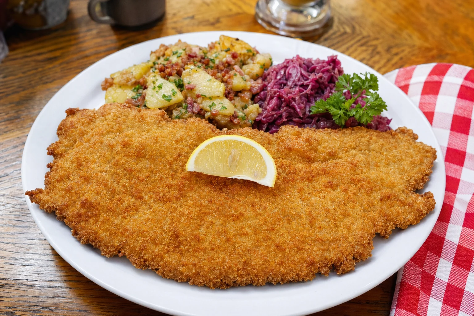 A plate of Wiener schnitzel served at a Helen, Georgia restaurant, showing a golden-brown breaded veal cutlet that extends beyond the edges of the white ceramic plate. A lemon wedge rests on top of the crispy breading. Sides include warm German potato salad with bacon and parsley, and tangy red cabbage braised with apples. A sprig of fresh parsley garnishes the plate. The meal sits on a wooden table with a red and white checkered napkin visible at the edge. This traditional German dish represents the authentic European cuisine available throughout Helen's Bavarian-themed dining scene, where schnitzel, bratwurst, and sauerkraut are menu staples.