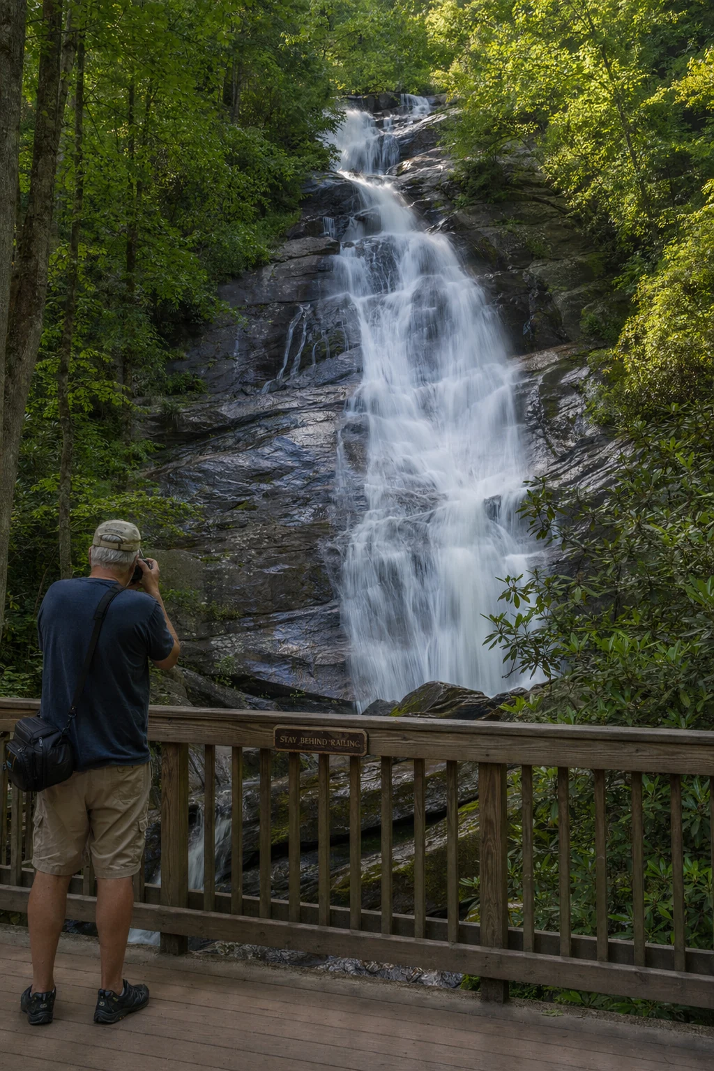 Dukes Creek Falls cascades down exposed granite rock faces in multiple tiers within the Chattahoochee National Forest near Helen, Georgia. The waterfall drops approximately 150 feet through a forested gorge, with water flowing white and frothy over weathered gray and tan rock formations. Tall hardwood trees and rhododendron thickets frame both sides of the falls, their green canopy filtering dappled sunlight onto the scene. A wooden observation deck with railings appears in the lower portion of the view, providing visitors a safe vantage point to photograph and experience the falls. Mist rises subtly from the base where water collects before continuing downstream through moss covered boulders.