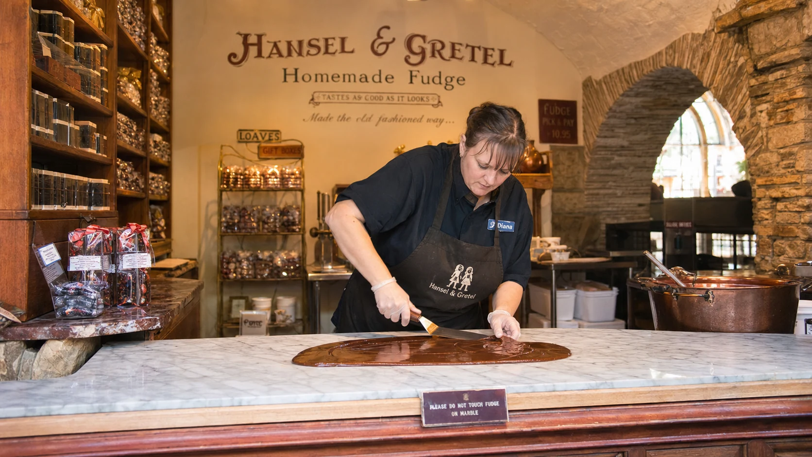 Hansel & Gretel fudge-making on marble slab