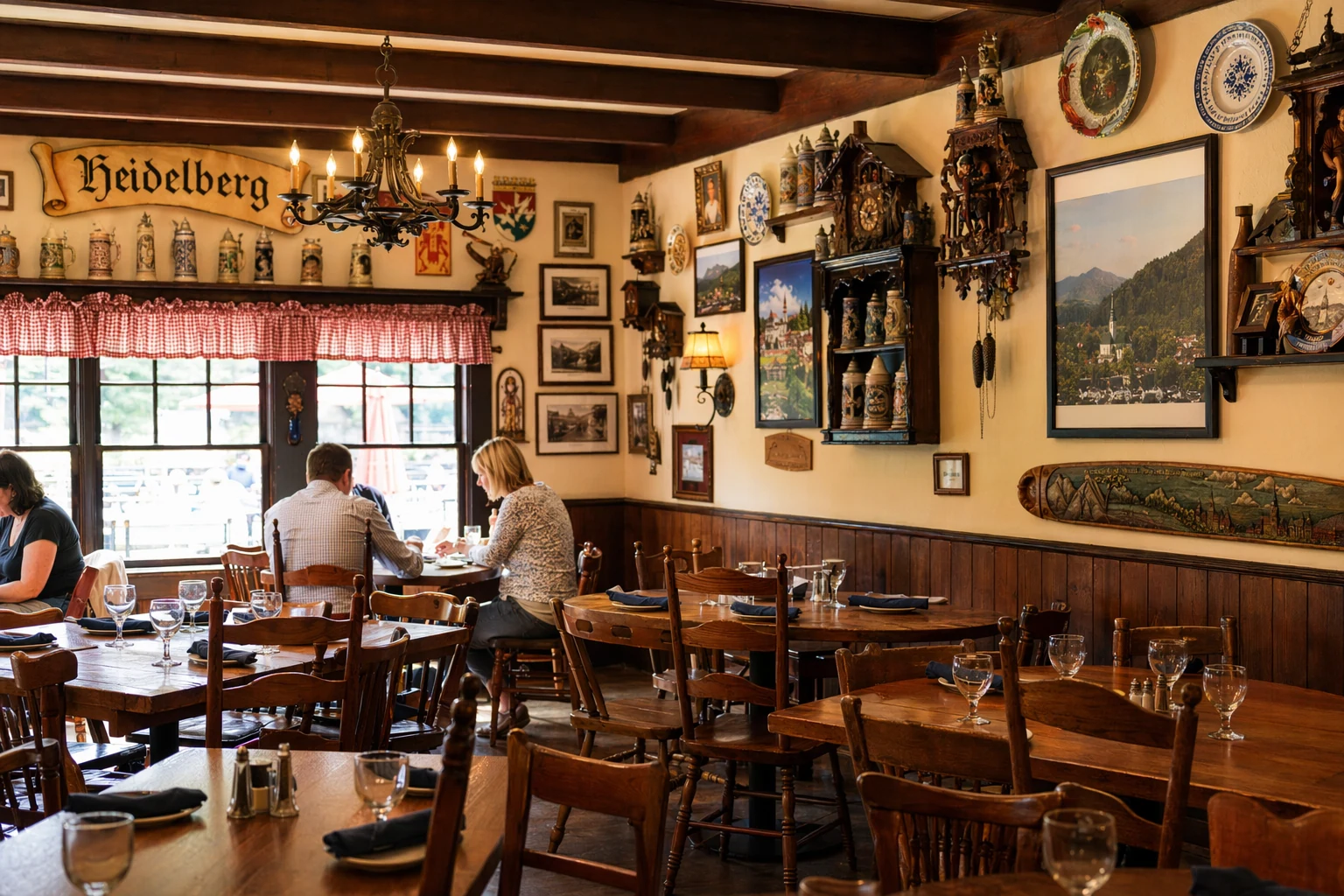 The dining room inside Heidelberg restaurant in Helen, Georgia features wooden tables and chairs arranged across a floor lit by natural light from front windows and warm interior lighting. Walls display German cultural decorations including beer steins, painted plates, cuckoo clocks, and framed photographs of Bavarian landscapes. Dark wood paneling and exposed beams reinforce the alpine lodge aesthetic. Tables are set with simple glassware and napkins, ready for guests. The space conveys a casual, family-friendly atmosphere where visitors to this north Georgia mountain town can experience German dining traditions. Decorative elements celebrate Bavarian heritage through folk art motifs and Old World craftsmanship details throughout the restaurant interior.