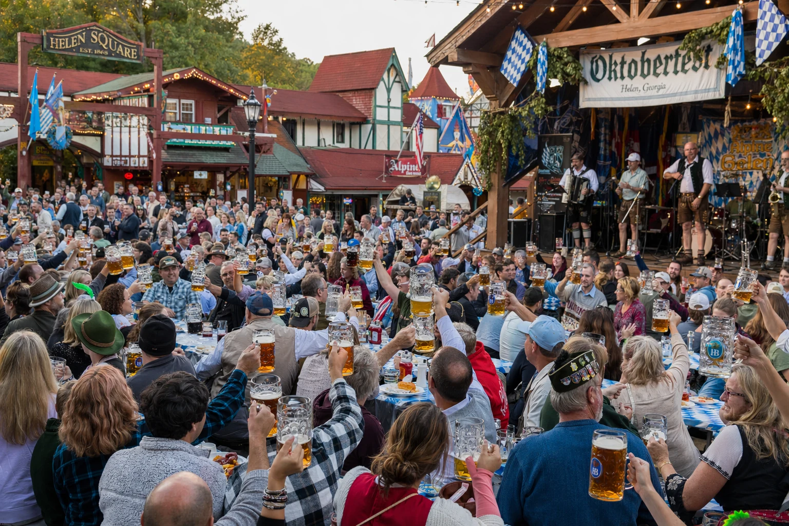 A crowd raising beer steins in front of an Oktoberfest stage with a German band at Helen Square