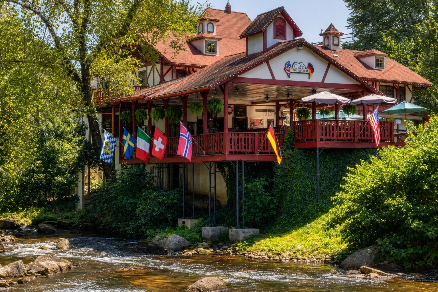 Cafe International riverside patio dining in Helen