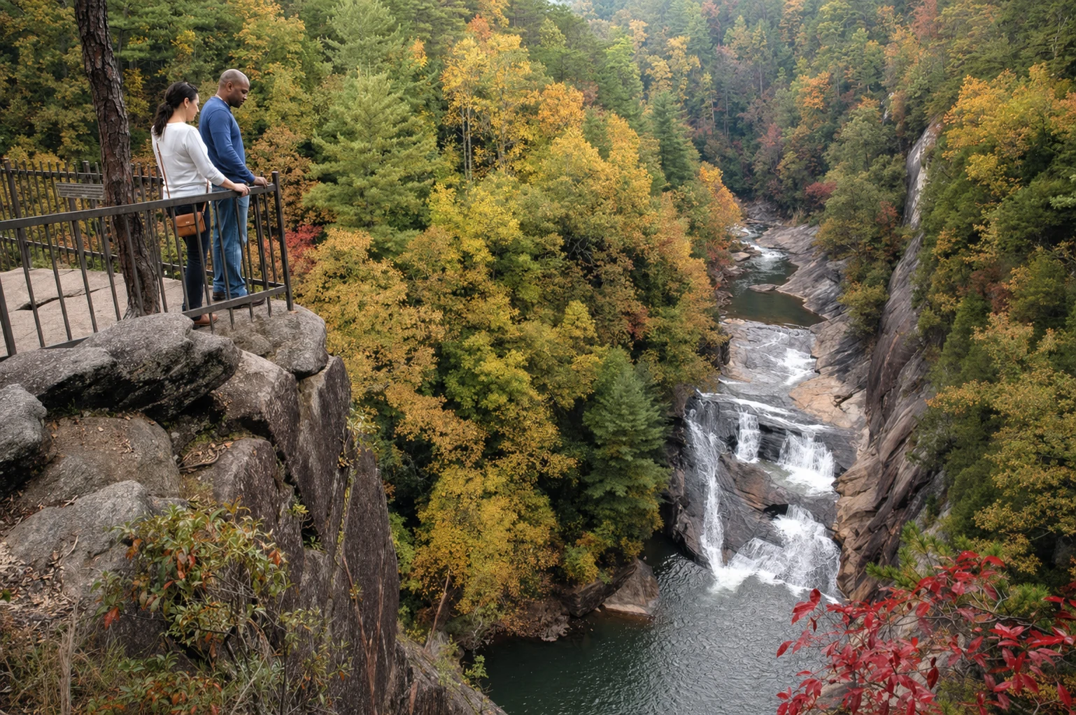 Tallulah Gorge with its suspension bridge over the 1,000-foot canyon