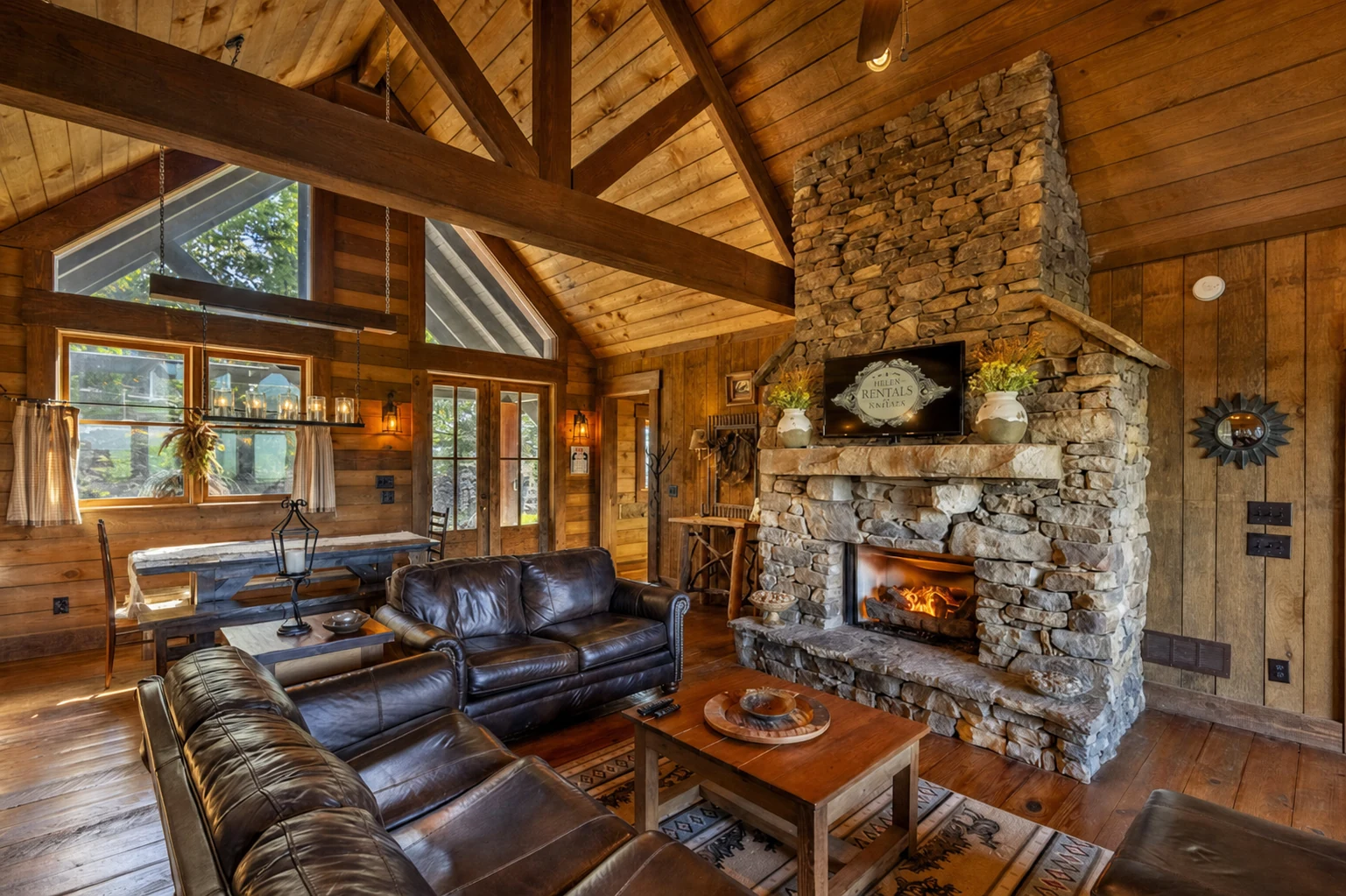 Romantic Cabin Stone Fireplace Interior