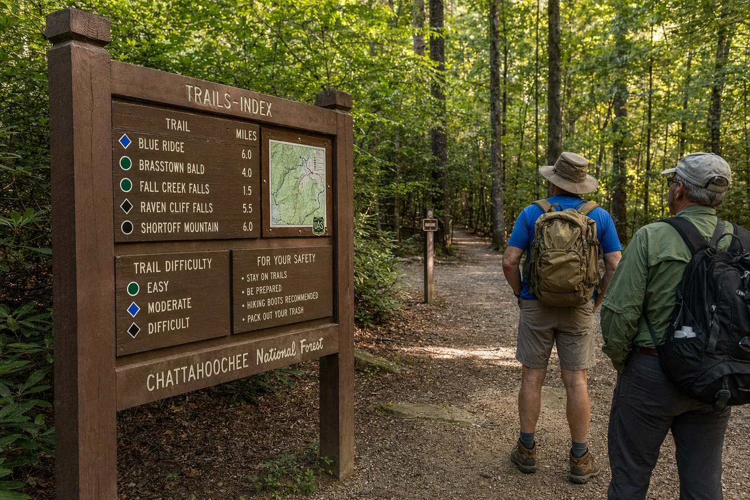 A brown wooden trail information sign stands at a trailhead near Helen, Georgia, displaying maps, difficulty ratings, and distance markers for hikers preparing to enter Chattahoochee National Forest. The sign includes carved or routed text indicating trail names, mileage to key destinations like waterfalls or overlooks, and safety information for visitors. Behind the sign, the trail entrance is visible with a clear path leading into dense forest. The weathered wood of the sign shows the natural aging expected in a mountain environment, and the area around the signpost is cleared to allow groups of hikers to gather and read information before beginning their journey. This type of informational marker is common at the many trailheads surrounding Helen that provide access to waterfalls, mountain peaks, and scenic forest walks.