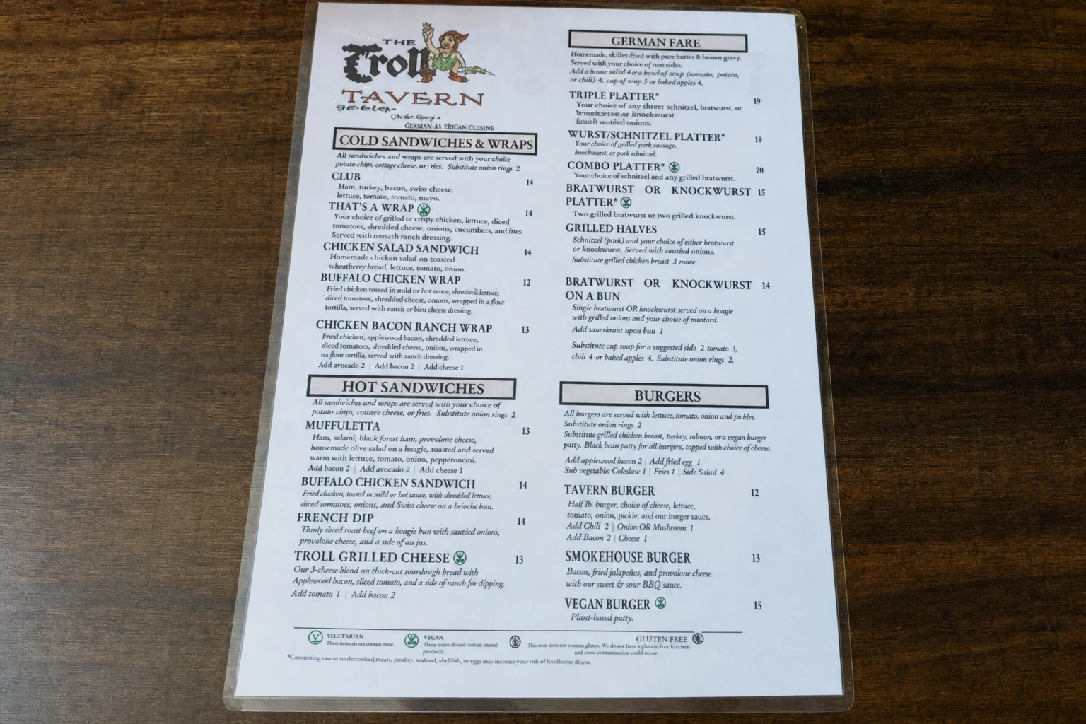 Troll Tavern German-American Menu