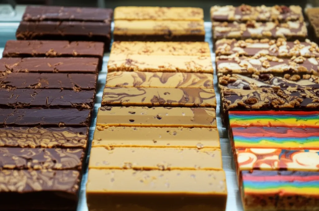 Glass display cases filled with rows of freshly made fudge in dozens of flavors