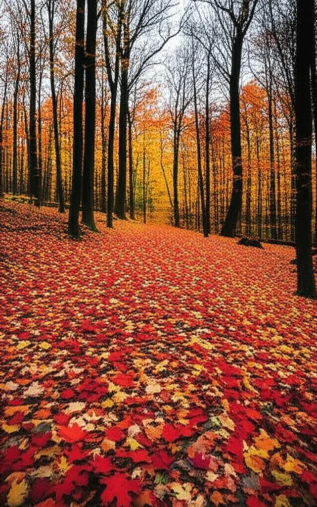A hiking trail carpeted with fallen leaves during peak foliage season