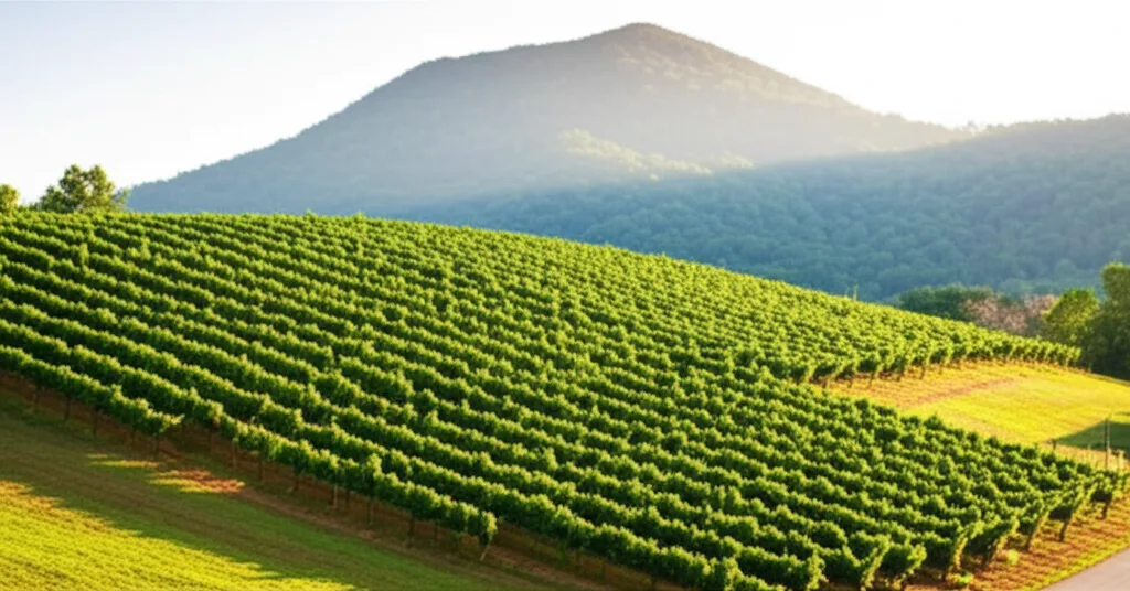 Rows of grapevines stretching across the hillside at Habersham