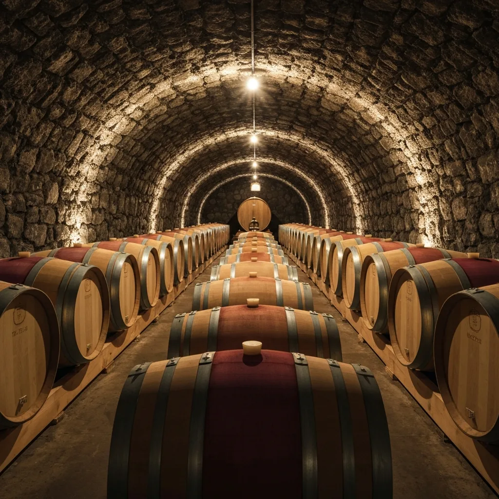 The wine cellar at Habersham Winery with barrels aging