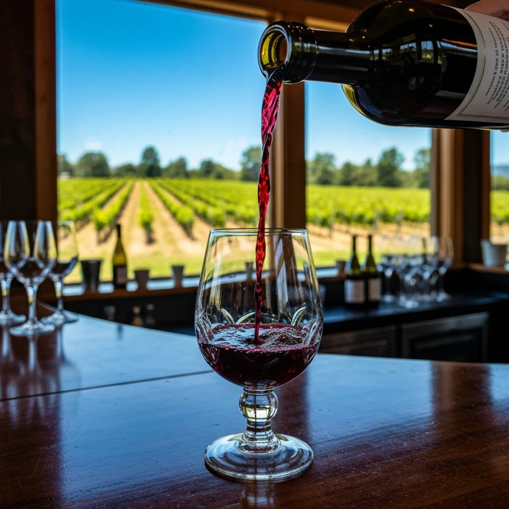 A glass of red wine being poured during a tasting at Habersham